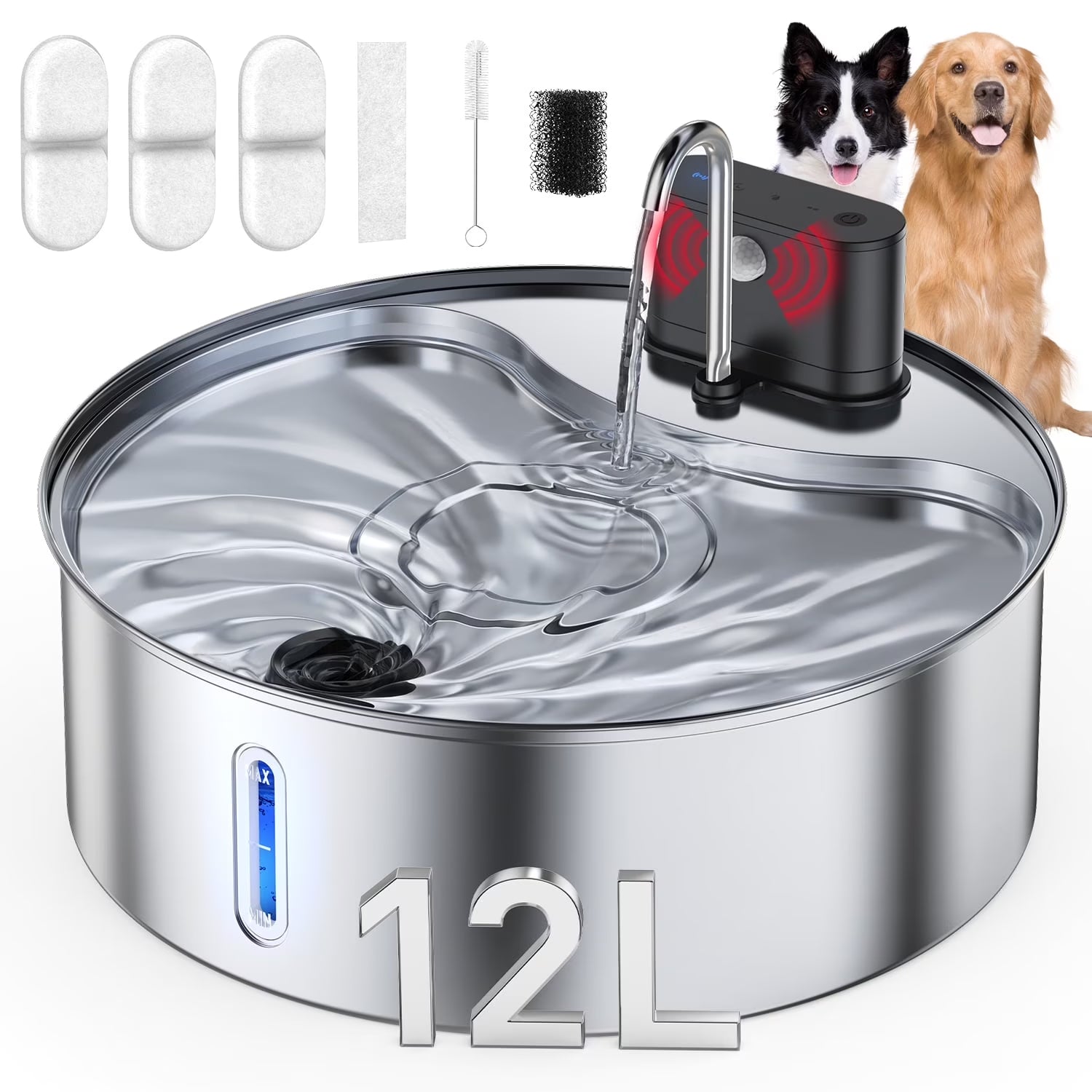 Stainless Steel Pet Water Fountain — 12L, 3 Modes