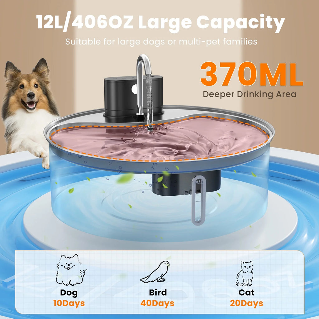 Stainless Steel Pet Water Fountain — 12L, 3 Modes